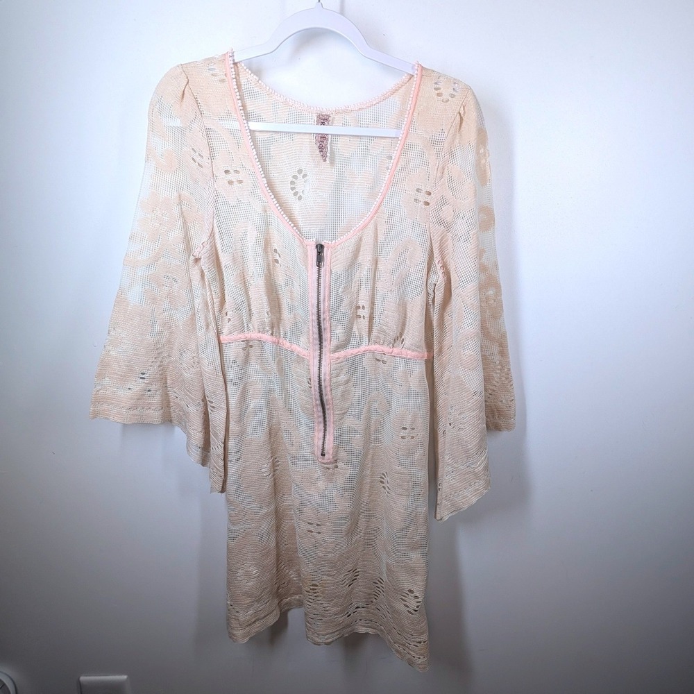 Free People Cream Pink Floral Lace Bell Sleeve Zip Front Mini Dress Tunic Medium - Picture 2 of 7